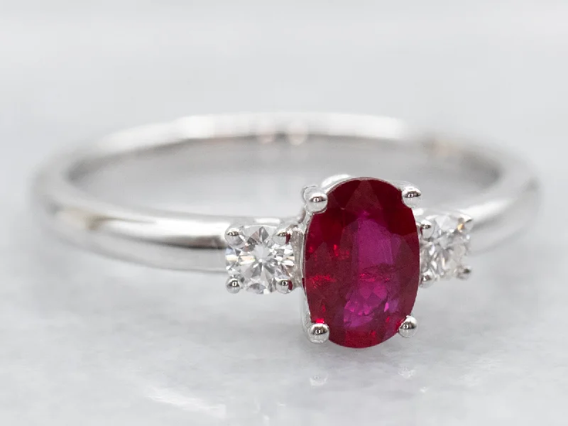 silver diamond engagement rings -Three Stone Modern Ruby and Diamond Engagement Ring