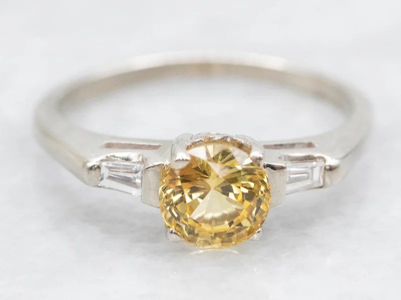 engagement rings with rubies -1950s Retro Yellow Sapphire and Baguette Diamond Engagement Ring