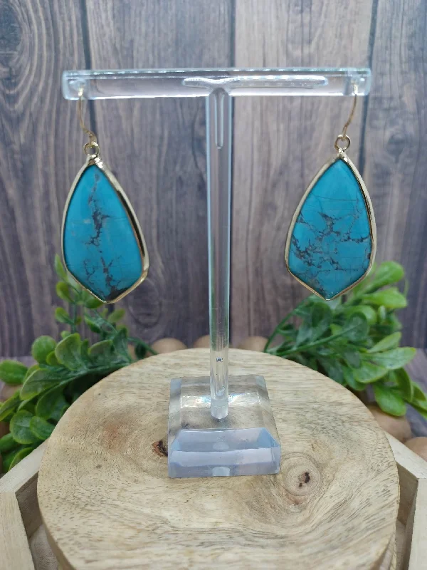 sapphire earrings for women -Turquoise Crackle Stone Teardrop Shaped Earrings