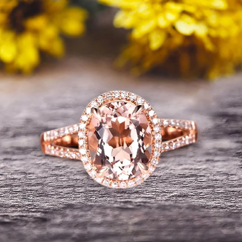 gemstone engagement rings for women -Oval Cut 10k Rose Gold Morganite Halo Engagement Ring With 1.5 Carat Split Shank