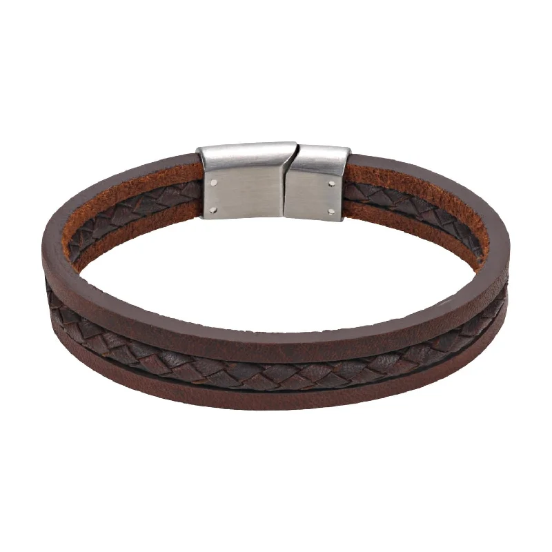 engraved bangles for women -A.R.Z Men's Triple Strand Brown Leather 8.5  Bracelet