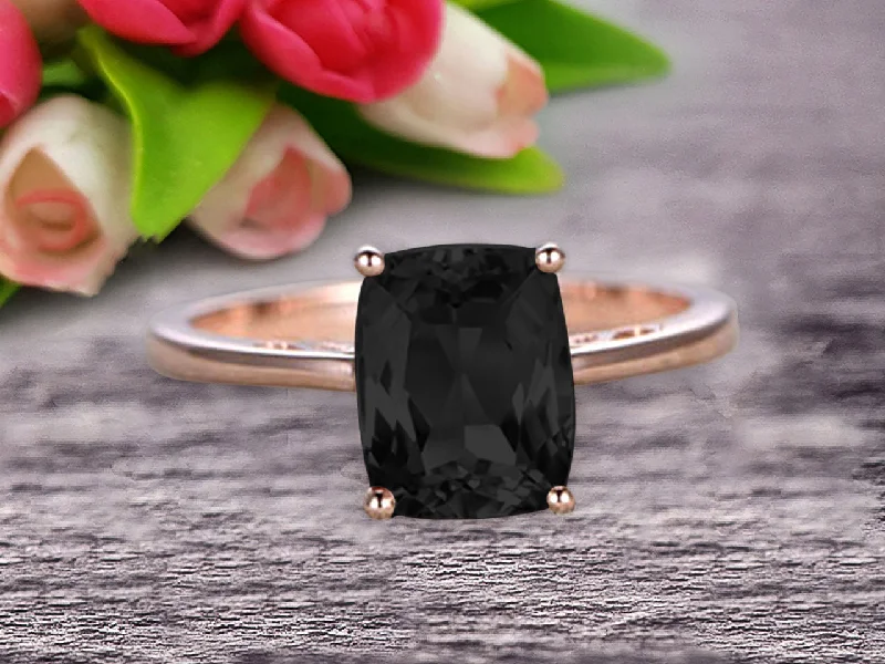 custom engagement rings for women -Cushion Cut 1 Carat Black Diamond Moissanite Engagement Ring Wedding Ring Promise Ring 10k Rose Gold Solitaire Anniversary Ring