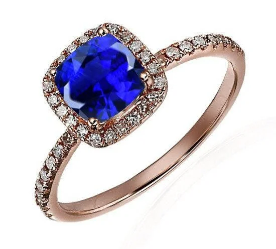 custom engagement rings for women -1.25 Carat Blue Sapphire and Moissanite Diamond Engagement Ring in 10k Rose Gold for Women