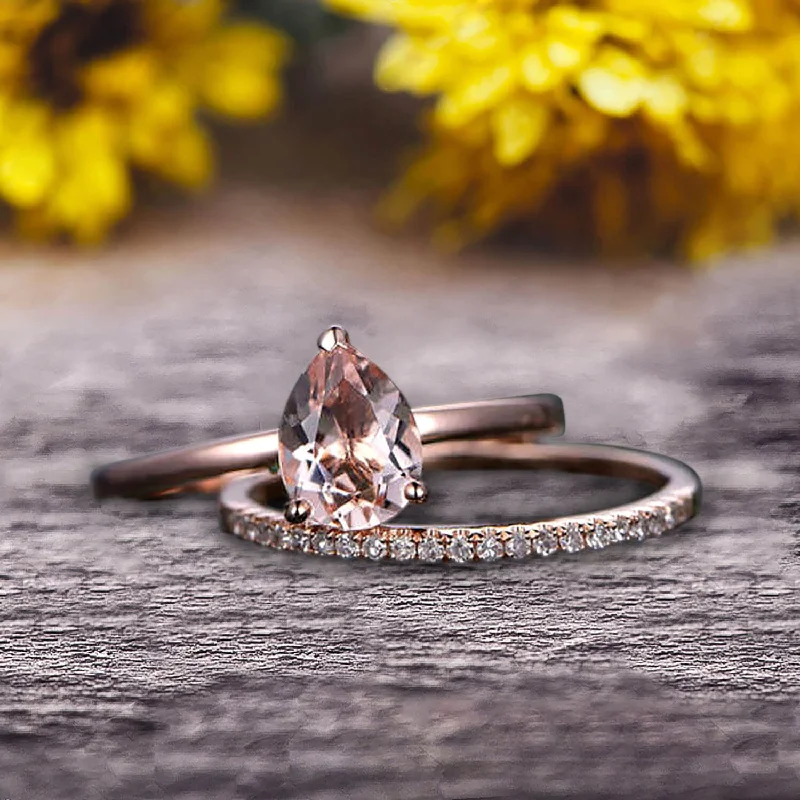 infinity symbol engagement rings -1.25 Carat Solitaire Pear Shape Morganite Engagement Ring With Matching Wedding Band On 10k Rose Gold Bridal Ring Set Surprisingly