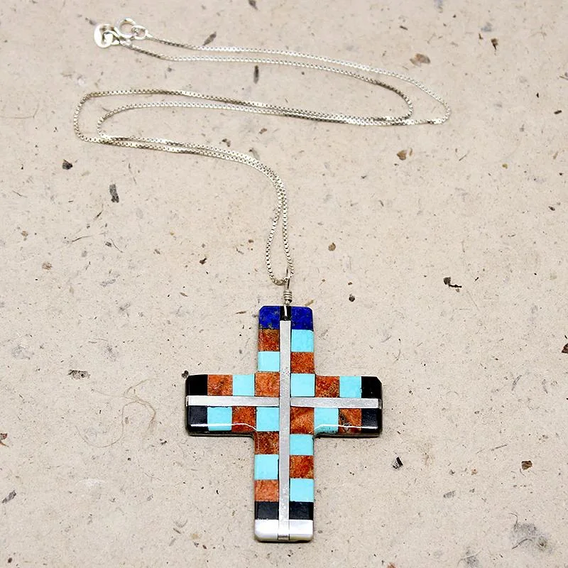 women’s sparkling necklaces -Colorful Inlay Santo Domingo Cross