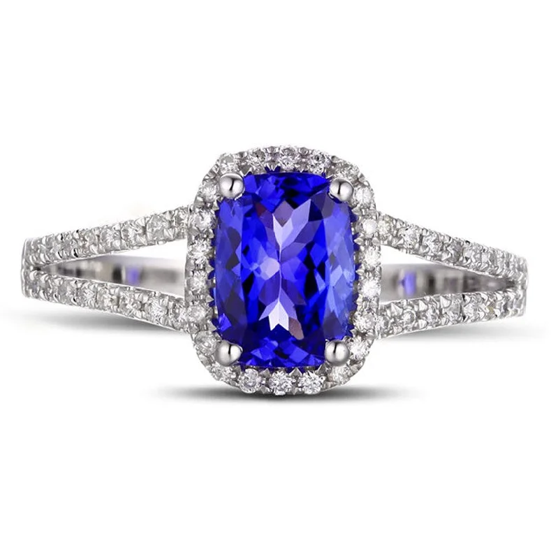 romantic engagement rings for women -2 Carat cushion cut Sapphire and Moissanite Diamond Halo Engagement Ring in White Gold