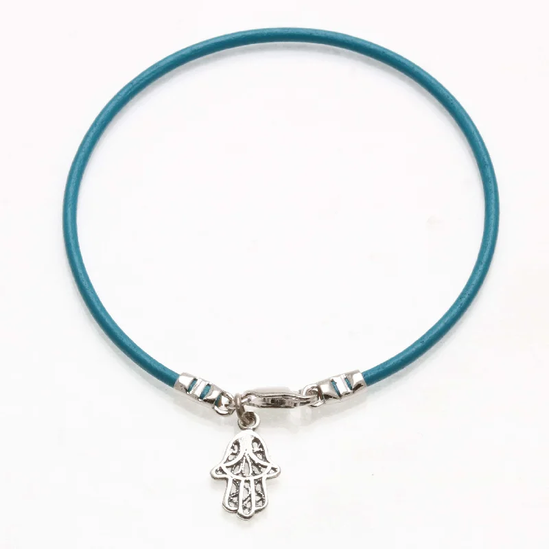 elegant bangles for women -Sterling Silver Filigree Hamsa Turquoise Leather Bracelet