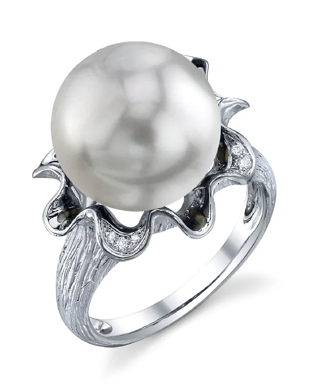 women’s custom wedding rings -White South Sea Pearl & Diamond Flare Cocktail Ring