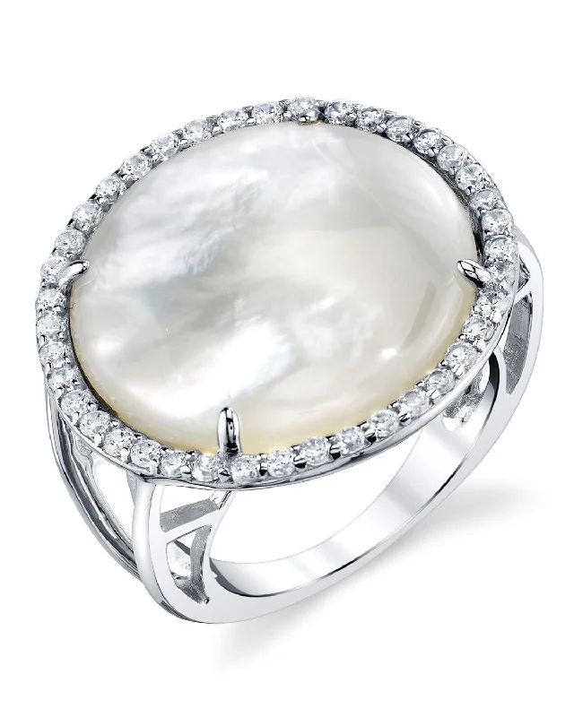 custom engraved rings for women -White Cultured Mother of Pearl & Cubic Zirconia Camelia Ring