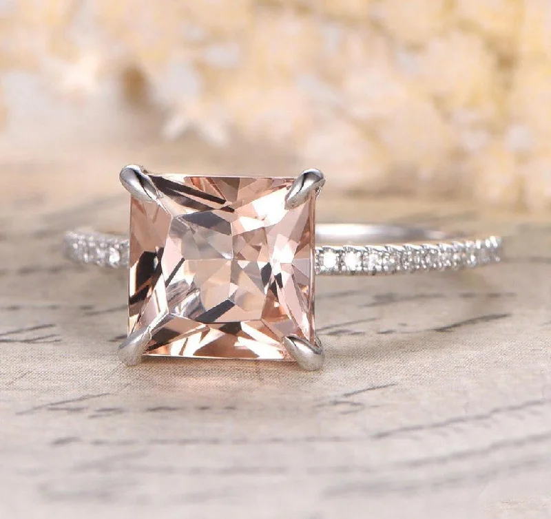 custom engagement rings for women -Sale 1.25 Carat Peach Pink Morganite Princess Cut And Diamond Moissanite Engagement Ring in 10k White Gold