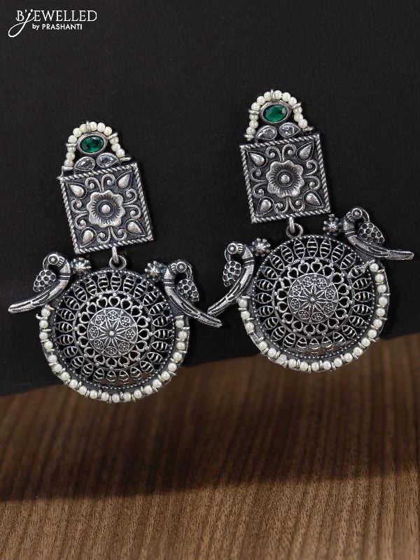 unique earrings for women -Oxidised peacock design earring with green stone and pearl