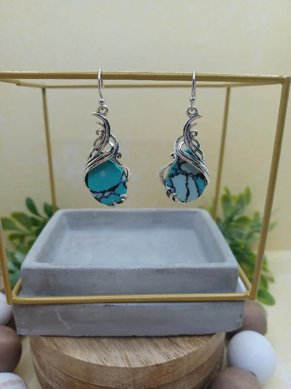 elegant earrings for women -Turquoise Crackle Stone Teardrop Filigree Earrings