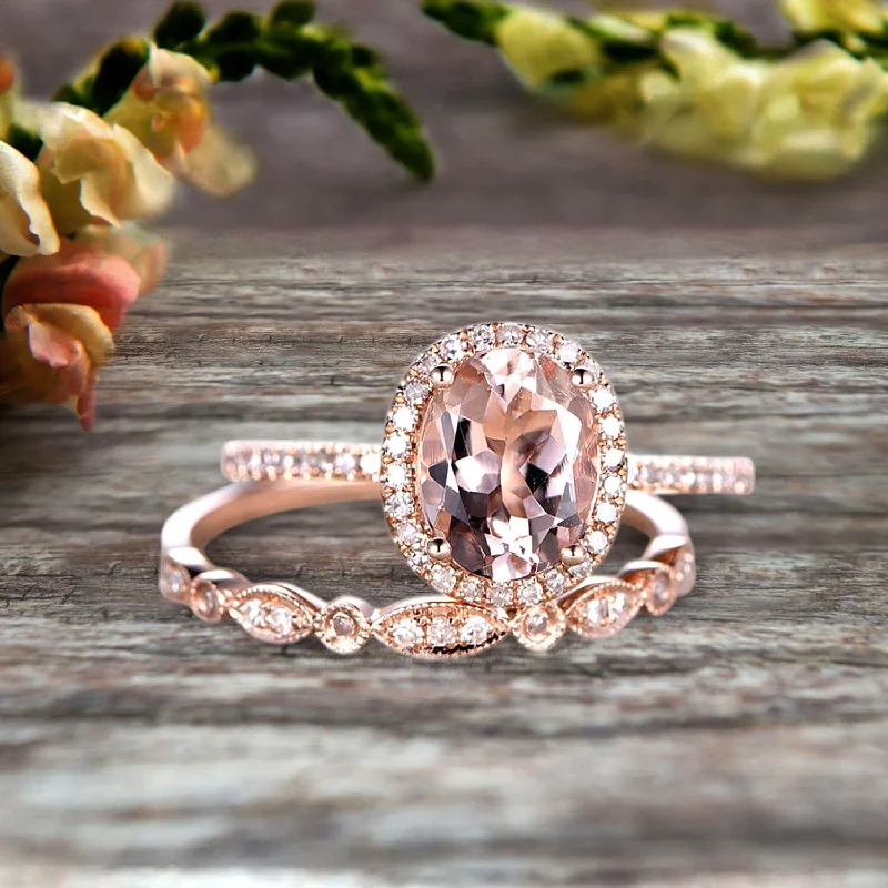 emerald cut engagement rings for women -1.75 Carat Morganite Wedding Set Engagement Ring Oval Shaped Art Deco Bridal Ring On 10k  Rose Gold