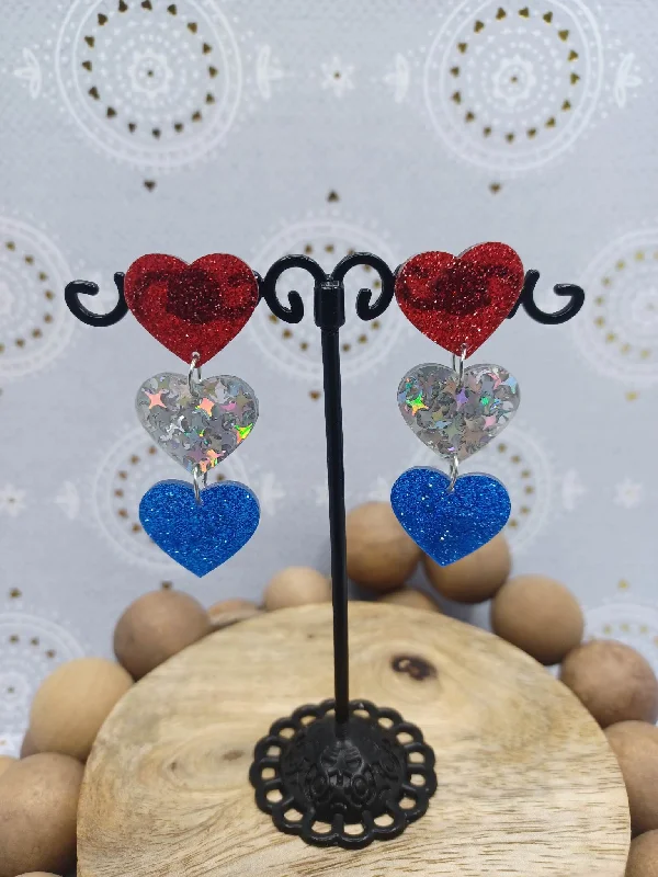 matching earrings for women -Red, White, & Blue Glitter Heart Earrings