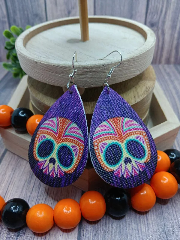 drop earrings for women -Deep Purple Day of the Dead Skeleton Leather Style Earrings