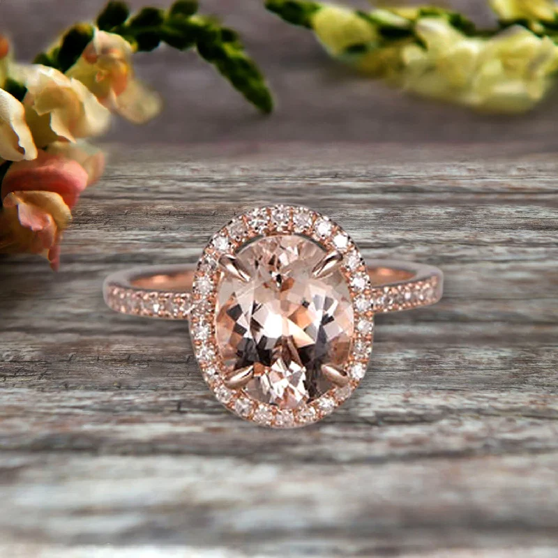 custom engagement rings for women -10k Rose Gold 1.50 Carat Morganite Halo Engagement Ring Oval Cut Anniversary Ring Art Deco