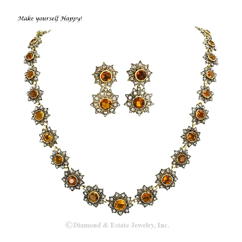 trendy gold necklaces for women -Victorian Citrine Rose Cut Diamond Earring Necklace Set