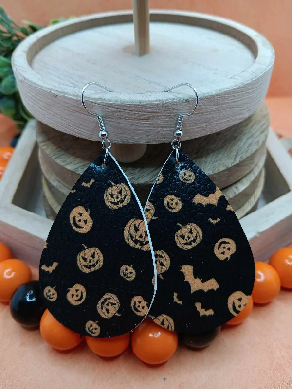 flower-shaped earrings for women -Black & Orange Leather Style Earrings w/ Jack O' Lanterns & Bats