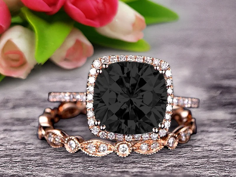 women’s wedding and engagement rings -1.75 Carat Classic Cushion Black Diamond Moissanite Wedding Bands Engagement Ring on 10k Rose Gold