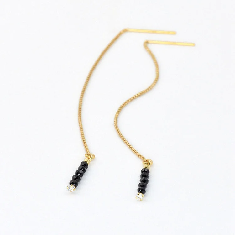 diamond earrings for women -Long 14K Gold Thread Earrings Black Spinel Dangle Earrings for Women