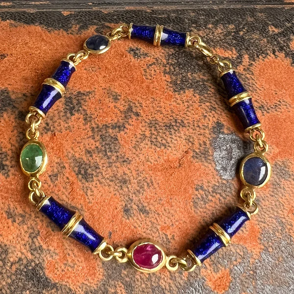 women’s friendship bracelets -Vintage Gemstone & Blue Enamel Bracelet