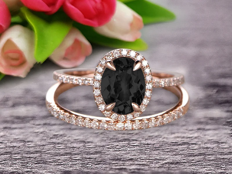 women’s vintage diamond engagement rings -Oval Cut 1.75 Carat Black Diamond Moissanite Bridal Ring Set Engagement Ring On 10k Rose Gold Stacking Matching Diamond Moissanite Wedding Band