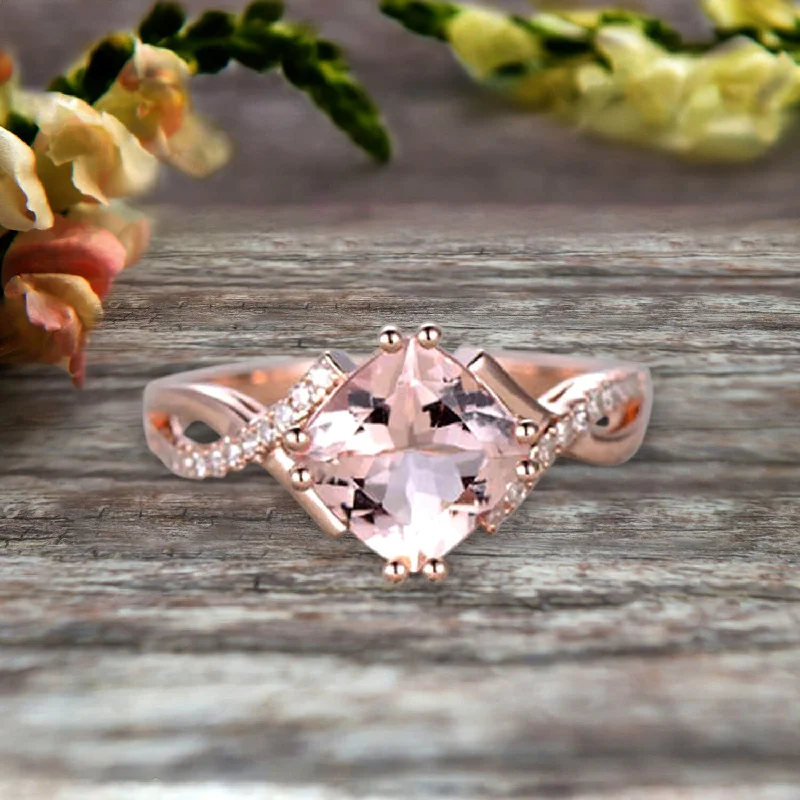 women’s engagement rings with colored stones -1.25 Carat Cushion Cut Morganite Engagement Ring Infinity Twisted Curved Promise Ring On 10k Rose Gold