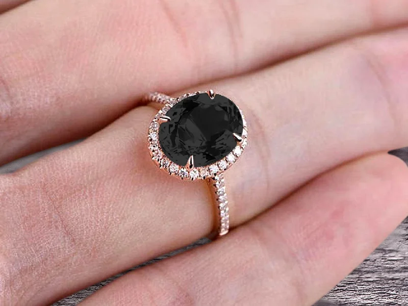 affordable diamond engagement rings -Oval Cut Black Diamond Moissanite Engagement Ring 1.50 Carat Solid 10k Rose Gold Wedding Ring Promise Ring for Bride Halo Design