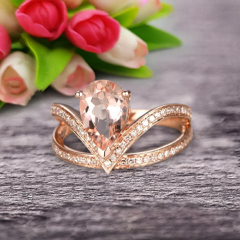 classic princess cut engagement rings -Pear Shape 1.50 Carat Morganite Engagement Ring Wedding Ring Anniversary Ring On 10k Rose Gold Curved V Split Shank Band Glaring Staggering Ring