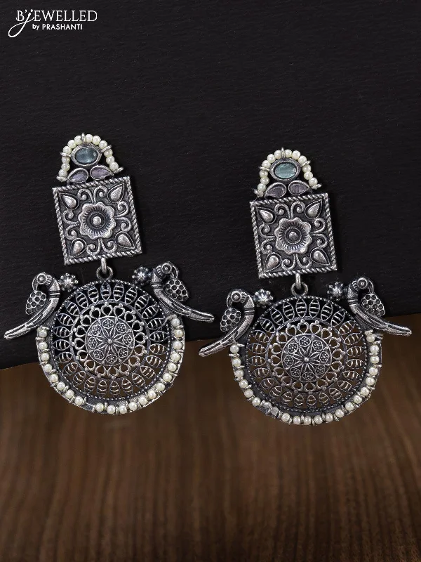 dangle earrings for women -Oxidised peacock design earring with light blue stone and pearl