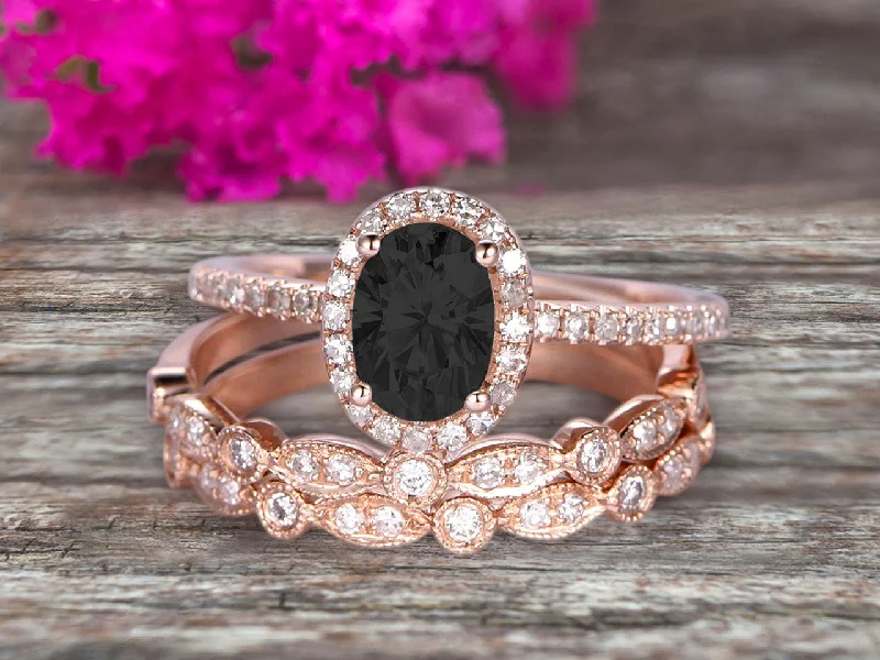 vintage diamond engagement rings -2.00 Carat Classic Oval Black Diamond Moissanite Wedding Bands Bridal Set Engagement Ring Classic Art Deco 10k Rose Gold