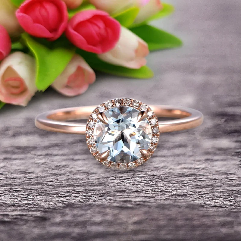 vintage inspired diamond engagement rings -1.25 Carat Round Cut Aquamarine Engagement Ring On 10k Rose Gold Halo Antique Design