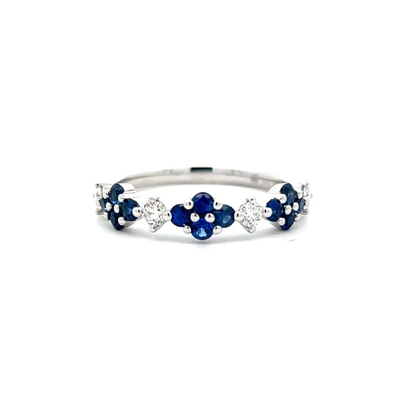 statement rings for women -14K White Gold 0.70ctw Blue Sapphire & Diamond Floral Ring