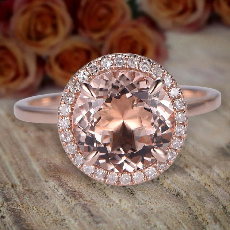 halo diamond engagement rings -Huge Sale Antique Design Halo 1.25 Carat Round Cut Morganite And Diamond Moissanite Halo Engagement Ring in 10k Rose Gold