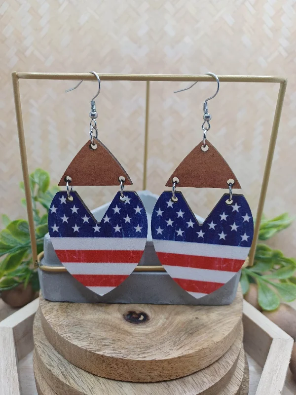 fashion earrings for women -Wooden Hinged Red, White, & Blue Earrings