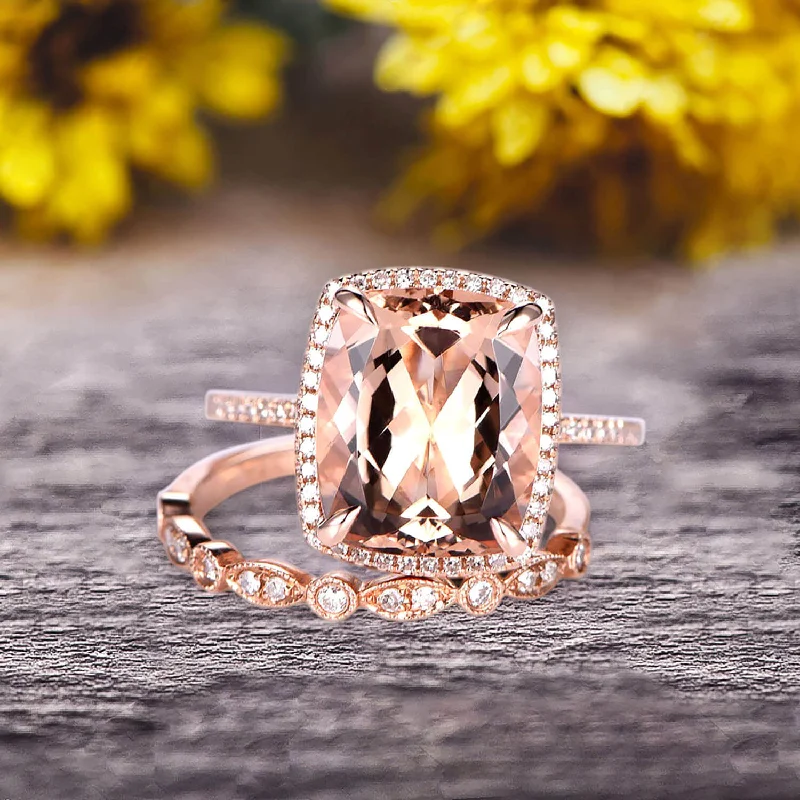 luxury diamond solitaire engagement rings -Milgrain 1.75 Carat Wedding Ring Set Big Cushion Cut Morganite Engagement Ring Morganite Art Deco Matching Wedding Band On 14K Rose Gold Surprisingly Ring