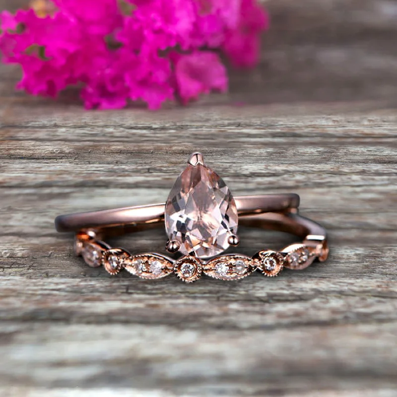 affordable custom engagement rings -Morganite Engagement Ring Set Handmade Solid 10k Rose gold 1.25 Carat Pear Shape Gemstone Promise Ring Bridal Ring set Wow Sparkling