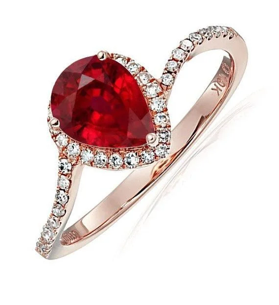 large solitaire engagement rings -Limited Time Sale 1.25 Carat Red Pear cut Ruby and Halo Moissanite Diamond Engagement Ring in 10k Rose Gold for Women on Sale