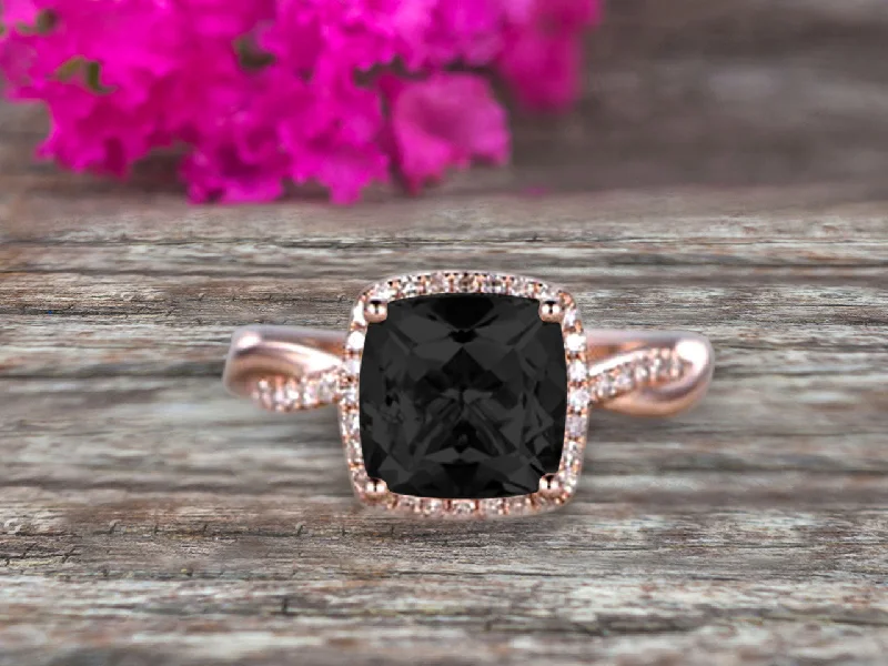 radiant cut engagement rings -1.50 Carat Cushion Cut Black Diamond Moissanite Engagement Ring Infinity Twisted Halo Stacking Band Promise Ring 10k Rose Gold