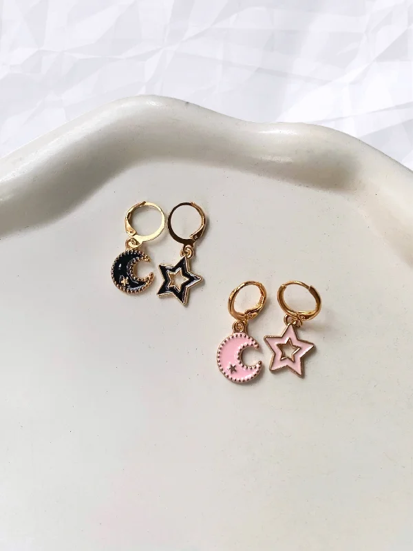 simple earrings for women -MOON AND STAR ASYMMETRICAL HUGGIE EARRINGS