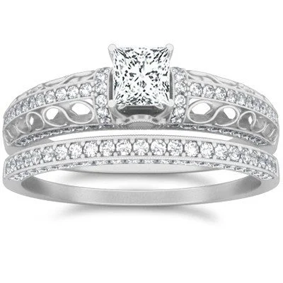 engagement rings with side stones -Art Deco Engagement Ring 2.50 Carat Princess Cut Diamond Moissanite on 10k White Gold