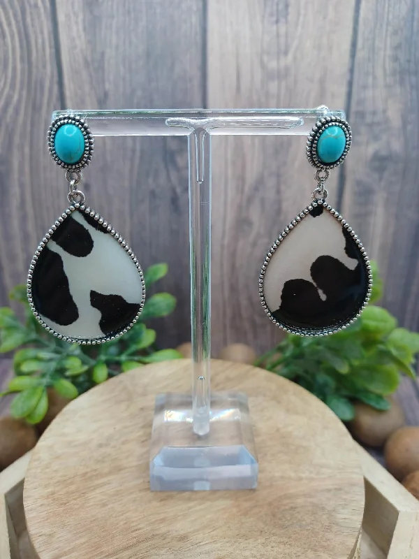 gold drop earrings for women -Cow Print Teardrop Earrings w/ Turquoise Crackle Stone Embellishment