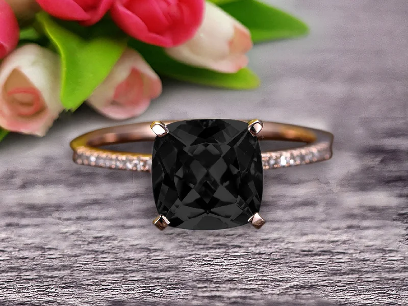 colorful gemstone engagement rings -10k Rose Gold Anniversary Gift Art Deco 1.25 Carat Cushion Cut Black Diamond Moissanite Wedding Engagement Ring