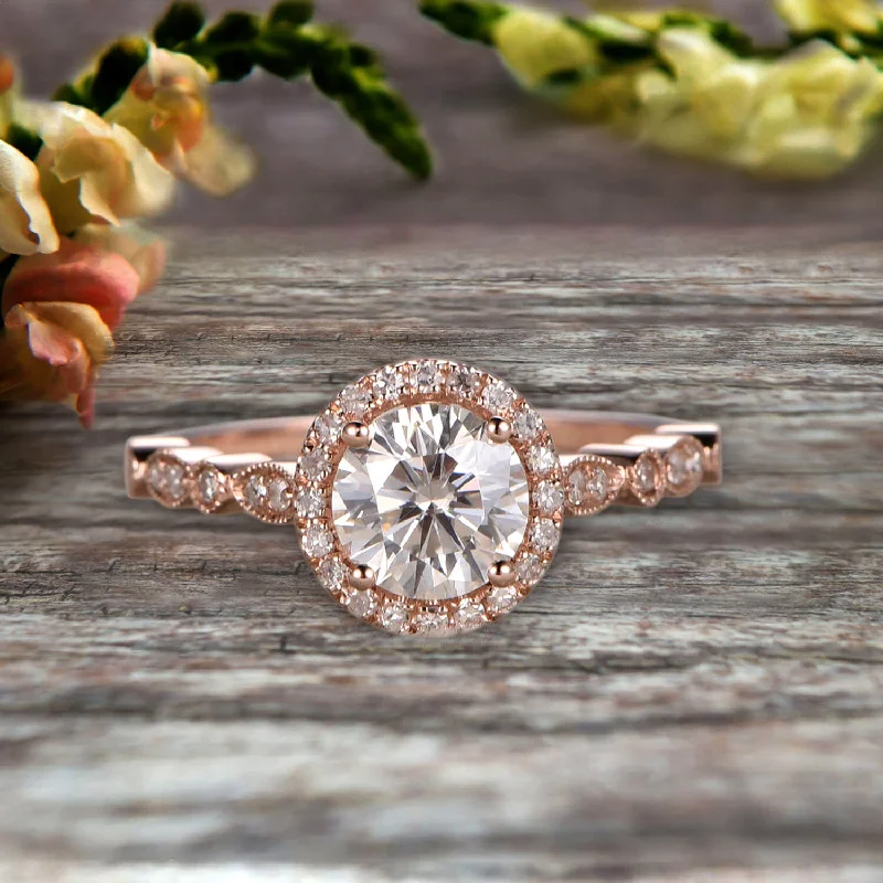 luxury diamond solitaire engagement rings -1.50 Carat Halo Moissanite Diamond Engagement Ring Classic Vintage Art Deco 10k Solid Rose Gold