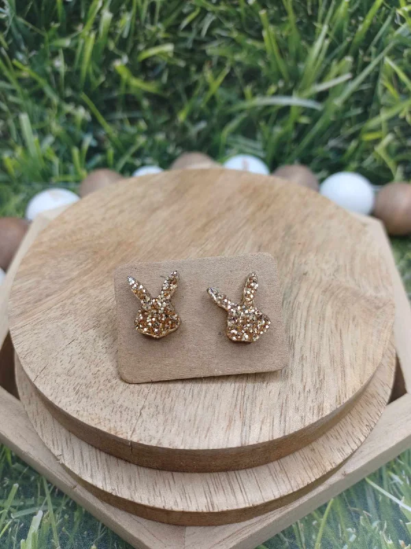 pearl earrings for women -Gold Glitter Bunny Earrings