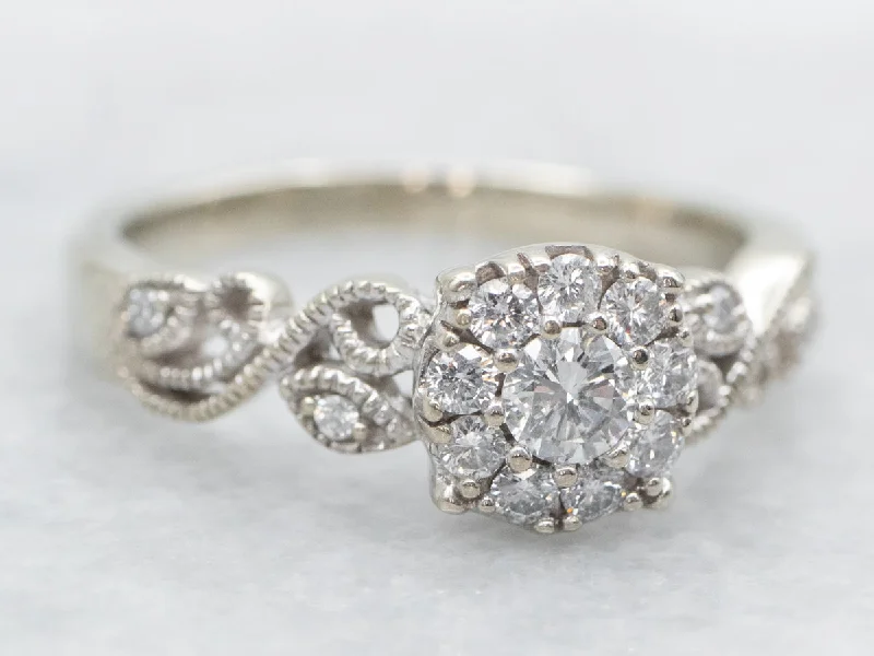 high-end engagement rings -White Gold Diamond Engagement Ring with Scrolling Shoulders