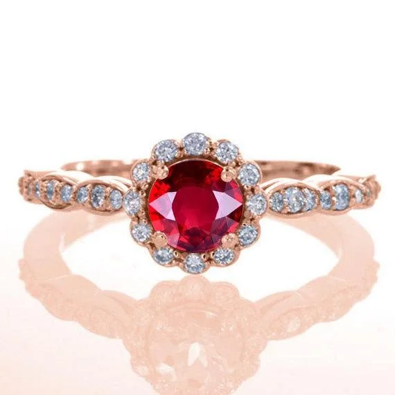 women’s vintage diamond engagement rings -Antique Vintage Design 1.25 Carat Red Ruby and Moissanite Diamond Engagement Ring in 10k Rose Gold for Women on Sale