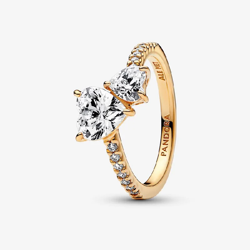 trendy gold rings for women -Double Heart Sparkling Ring