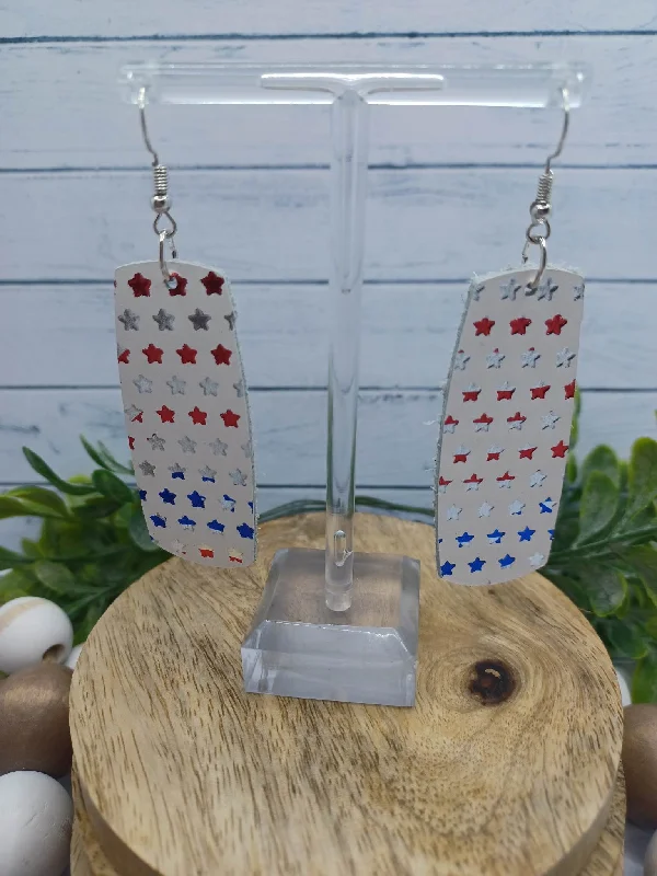 wedding earrings for women -White Leather Style Earrings w/ Red, White, & Blue Stars