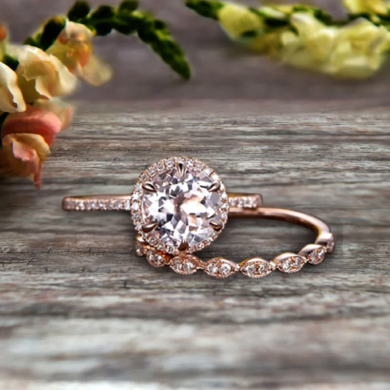 custom-made engagement rings for women -1.75 Carat Round Cut VS Morganite Engagement Ring Set 10k Rose Gold Milgrain Band Halo Anniversary Gift Personalized for Brides